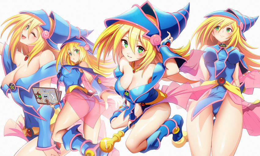 1girl absurdres adjusting_clothes adjusting_headwear ass bangs bare_shoulders between_legs blonde_hair blue_footwear blue_leotard blush book boots breasts cleavage dark_magician_girl duel_monster gibagiba green_eyes hair_between_eyes hat highres holding holding_book huge_filesize jewelry large_breasts leotard long_hair looking_at_viewer looking_to_the_side multiple_views necklace one_eye_closed open_mouth parted_lips pelvic_curtain pentacle sitting smile taut_clothes thigh_gap thighs wand wariza wizard_hat yuu-gi-ou