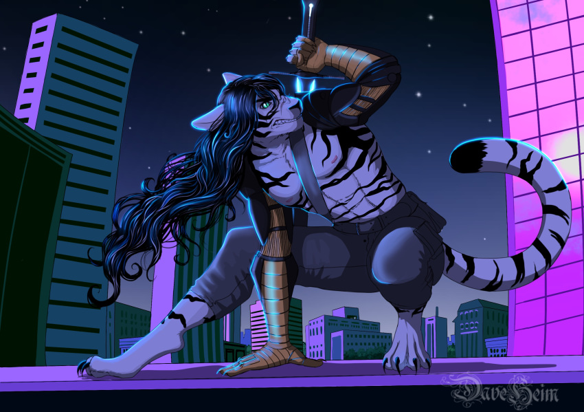 abs angry anthro belt black_claws black_hair black_nose black_stripes bottomwear chimera city city_background cityscape claws clothed clothing crouching cybernetic_arms cybernetic_limbs cybernetics cyborg dave_heim detailed_background digitigrade etrius_van_randr fangs felid green_eyes grey_bottomwear grey_clothing grey_pants hair hi_res hybrid long_hair machine male mammal melee_weapon muscular muscular_anthro muscular_male nipples pantherine pants pink_nipples prosthetic prosthetic_arm prosthetic_limb solo striped_body striped_tail stripes sword tiger topless weapon white_body