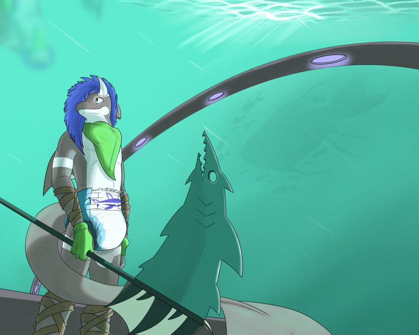 absurd_res anthro cetacean delphinoid diaper dragon dro fish glass hi_res lonegreenorcacalf male mammal marine melee_weapon oceanic_dolphin orca polearm scythe sea solo toothed_whale water weapon