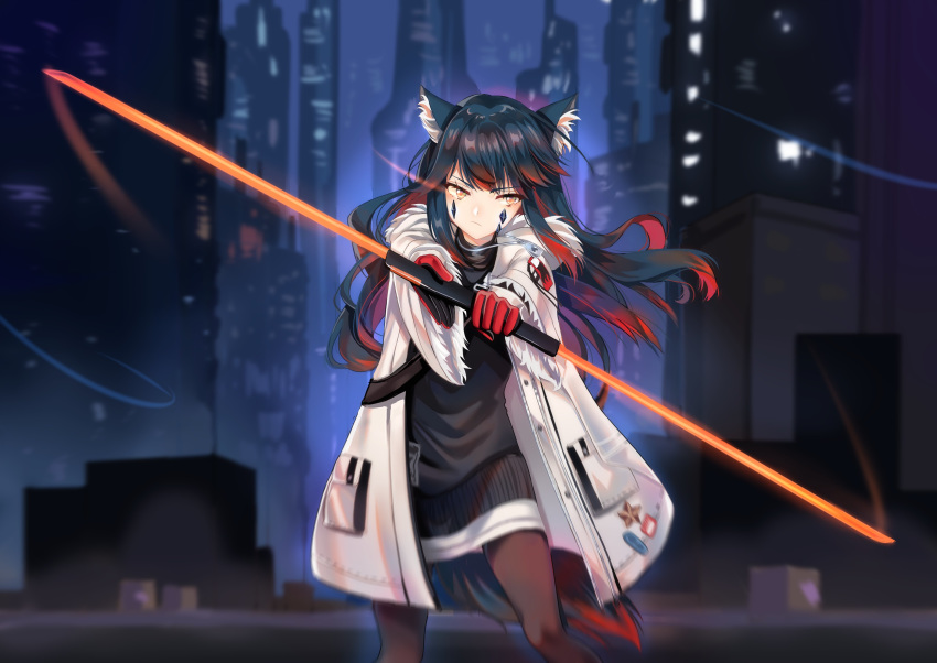 1girl absurdres animal_ear_fluff animal_ears arknights black_gloves black_hair city coat commission english_commentary fur-trimmed_coat fur_trim gloves highres holding holding_sword holding_weapon long_hair looking_at_viewer looking_to_the_side multicolored multicolored_clothes multicolored_gloves multicolored_hair outdoors pantyhose pocket red_gloves red_hair serious sidelocks solo standing sword tail texas_(arknights) urban weapon wolf_ears wolf_girl wolf_tail yaya_chan