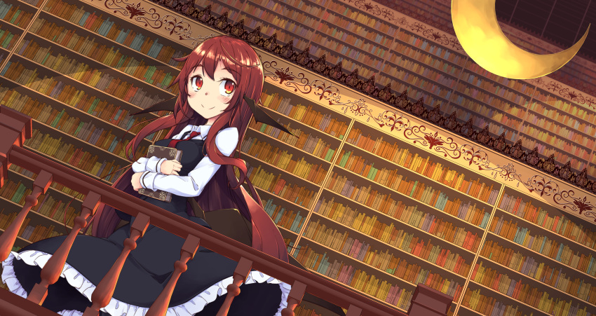 absurdres ayase_yuuki_(mikan_mochi) bat_wings black_skirt black_vest blush book book_hug bookshelf breasts collared_shirt commentary_request cowboy_shot crescent dress_shirt dutch_angle frilled_skirt frills head_wings highres holding holding_book indoors koakuma library long_hair long_sleeves looking_at_viewer low_wings medium_breasts necktie railing red_eyes red_hair red_neckwear shirt sidelocks skirt skirt_set smile too_many too_many_books touhou very_long_hair vest voile white_shirt wings