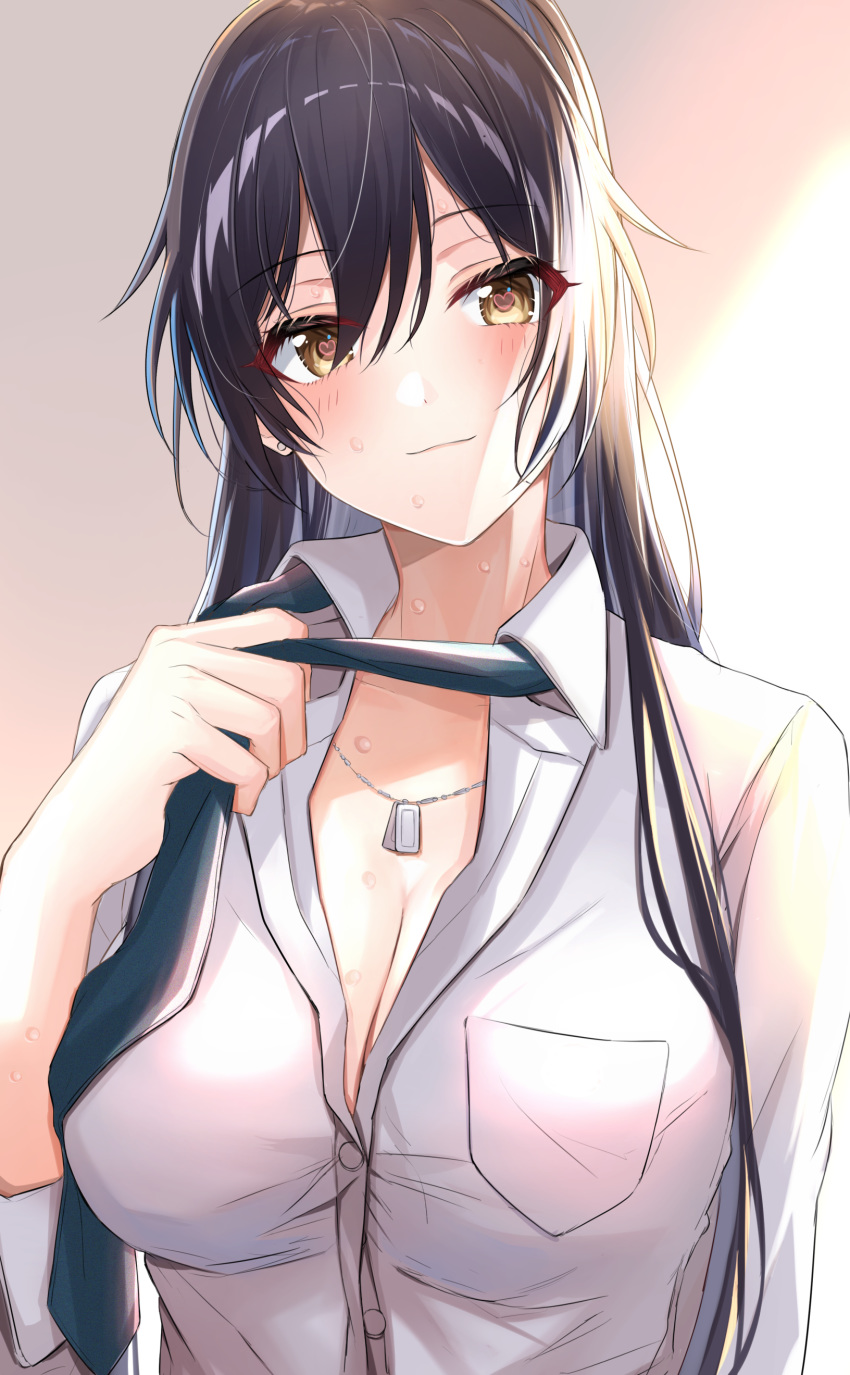 1girl absurdres bangs black_hair blush breasts cleavage closed_mouth collared_shirt commentary_request dog_tags dress_shirt green_neckwear hair_between_eyes heart heart-shaped_pupils high_ponytail highres idolmaster idolmaster_shiny_colors large_breasts looking_at_viewer loose_necktie necktie ponytail satoimo_chika shirase_sakuya shirt smile symbol-shaped_pupils white_shirt yellow_eyes
