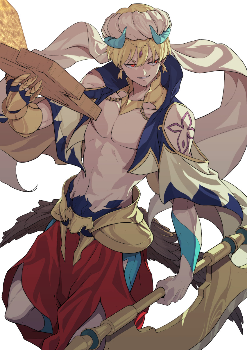 1boy after_(artist) arabian_clothes bare_chest blonde_hair cape cowboy_shot cropped_vest earrings fate/grand_order fate_(series) gilgamesh gilgamesh_(caster)_(fate) gloves highres holding holding_weapon jewelry looking_away male_focus popped_collar red_eyes simple_background single_glove solo turban vest weapon white_background