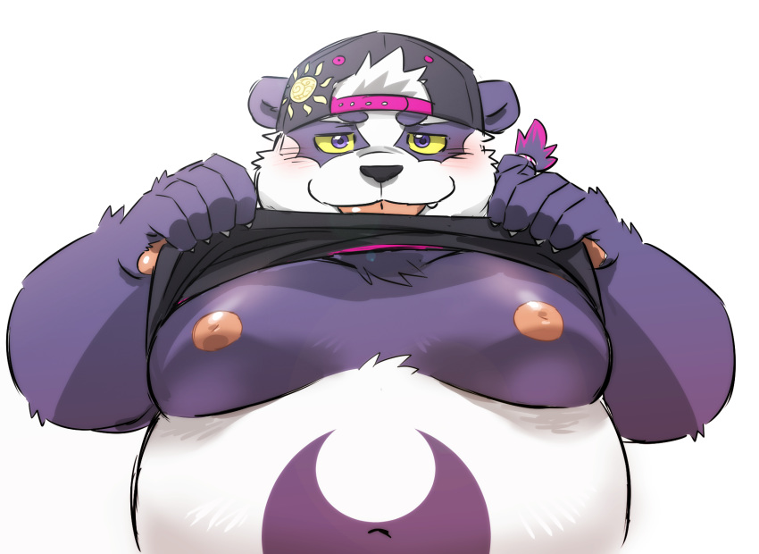 2020 alp_(tas) anthro belly black_nose blush clothed clothing fur giant_panda hat headgear headwear hi_res humanoid_hands kemono male mammal moobs nipples open_clothing open_shirt open_topwear overweight overweight_anthro overweight_male purple_body purple_fur rossciaco shirt simple_background solo tokyo_afterschool_summoners topwear ursid video_games white_background white_body white_fur