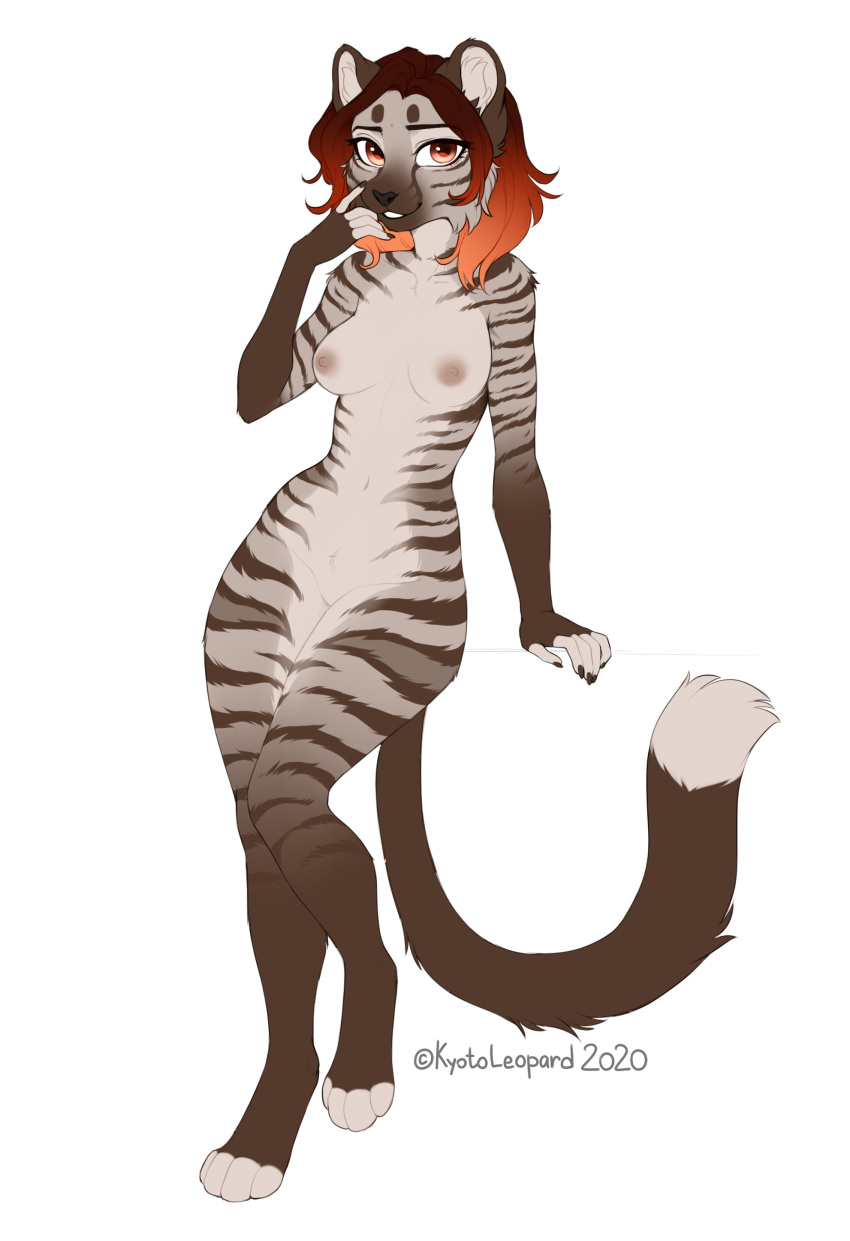 2020 absurd_res anthro areola breasts brown_hair digital_media_(artwork) featureless_crotch felid feline female fur hair hi_res kyotoleopard mammal nipples nude solo striped_body striped_fur stripes