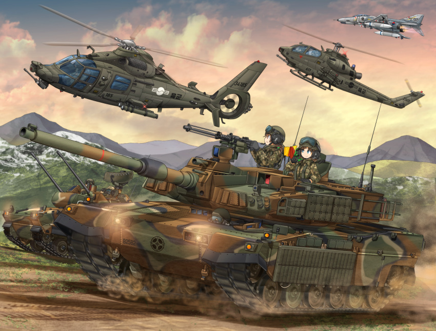 2girls aa_gun ah-1_cobra aircraft airplane blue_eyes brown_eyes brown_hair caterpillar_tracks cloud commentary_request day emblem evening f-4_phantom_ii fighter_jet graphite_(medium) grass ground ground_vehicle gun helicopter highres jet k2_black_panther k30_biho machine_gun mikeran_(mikelan) military military_vehicle motor_vehicle mountain multiple_girls original republic_of_korea_army short_hair tank tank_helmet traditional_media weapon