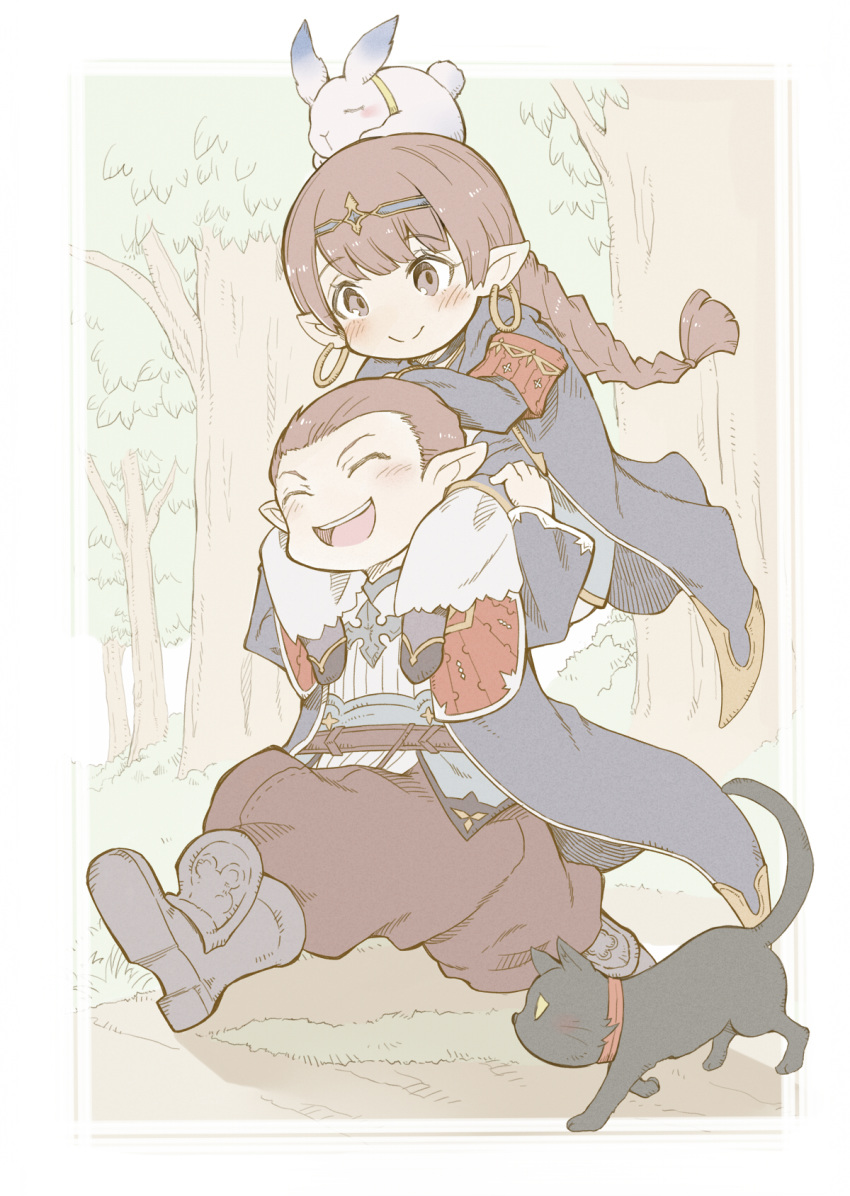 1boy 1girl animal_on_head black_cat braid brother_and_sister brown_eyes brown_hair bunny carrying cat earrings granblue_fantasy haaselia hair_slicked_back harvin highres hoop_earrings jewelry katzelia on_head pointy_ears robe shoulder_carry siblings smile taka00277657