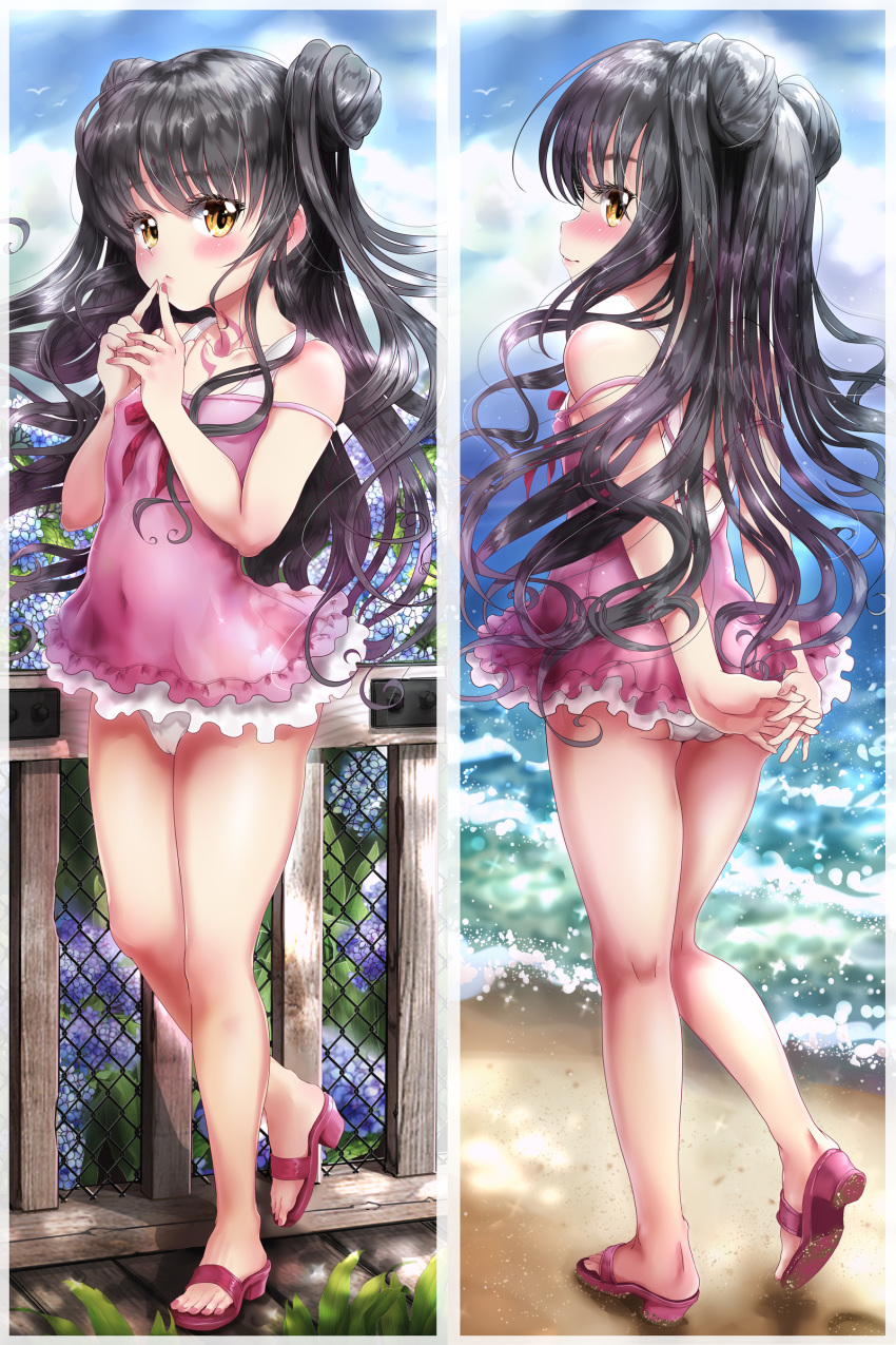 1girl absurdres arms_behind_back ass back bangs bare_shoulders beach black_hair blue_sky blush breasts chest_tattoo chunyan closed_mouth double_bun dress_swimsuit facial_mark fate/grand_order fate_(series) fence flower forehead_mark full_body highres legs long_hair looking_at_viewer looking_back multicolored_hair multiple_views ocean parted_bangs pink_hair pink_swimsuit sandals sesshouin_kiara sesshouin_kiara_(lily) shore sky small_breasts streaked_hair swimsuit tattoo wavy_hair yellow_eyes