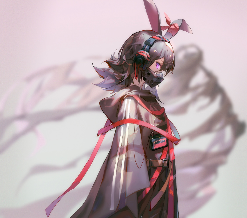 1girl absurdres animal_ears april_(arknights) arknights bangs bunny_ears commentary_request cowboy_shot from_side grey_hair headphones highres hood hood_down jacket kagura_tohru long_hair looking_at_viewer mask mouth_mask profile purple_eyes solo