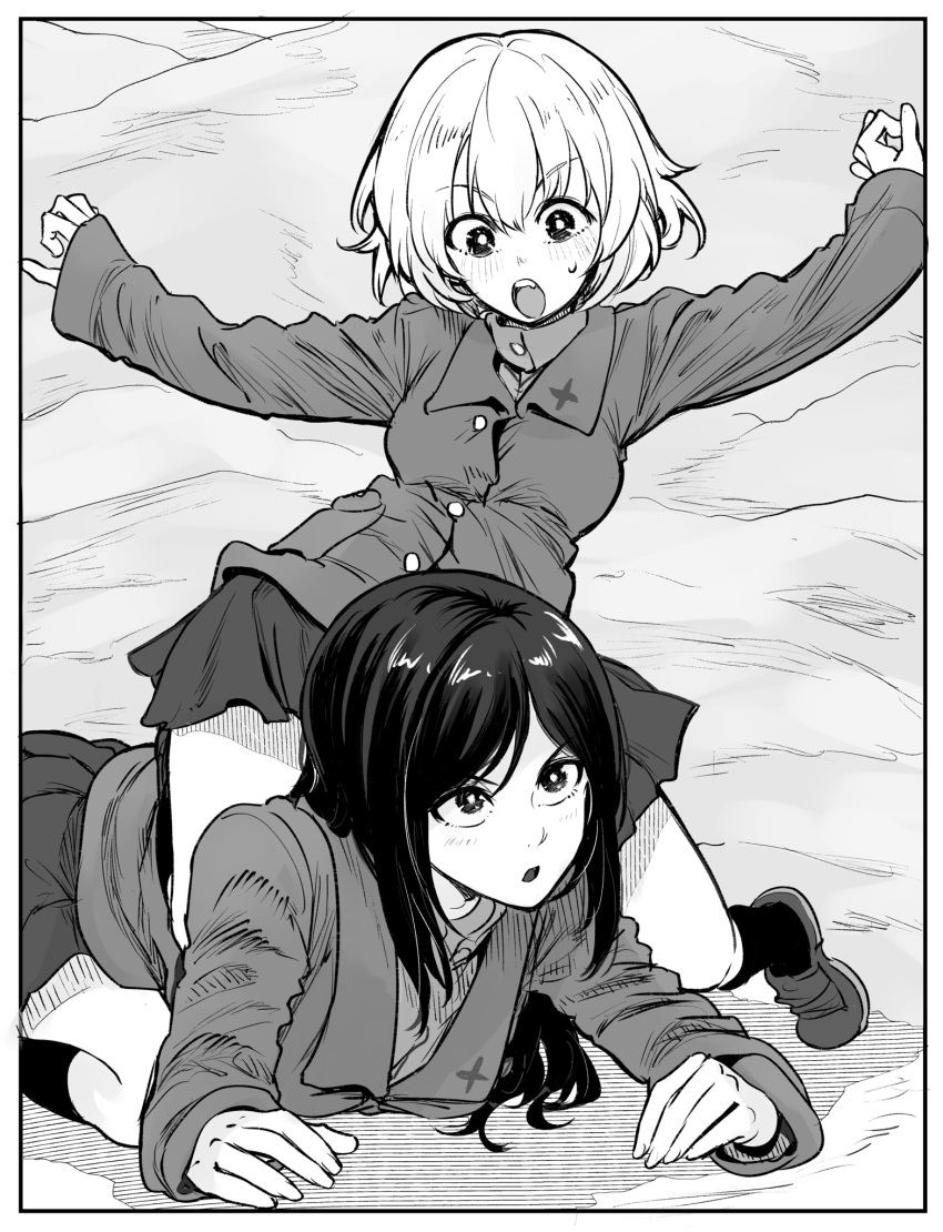 2girls arms_up bangs blush bonkara_(sokuseki_maou) border commentary eyebrows_visible_through_hair girls_und_panzer greyscale highres insignia jacket katyusha_(girls_und_panzer) kneeling leaning_forward loafers long_hair long_sleeves looking_at_another lying miniskirt monochrome multiple_girls nonna_(girls_und_panzer) on_person on_stomach open_mouth pleated_skirt pravda_school_uniform school_uniform shirt shoes short_hair sitting skirt socks sweatdrop swept_bangs turtleneck