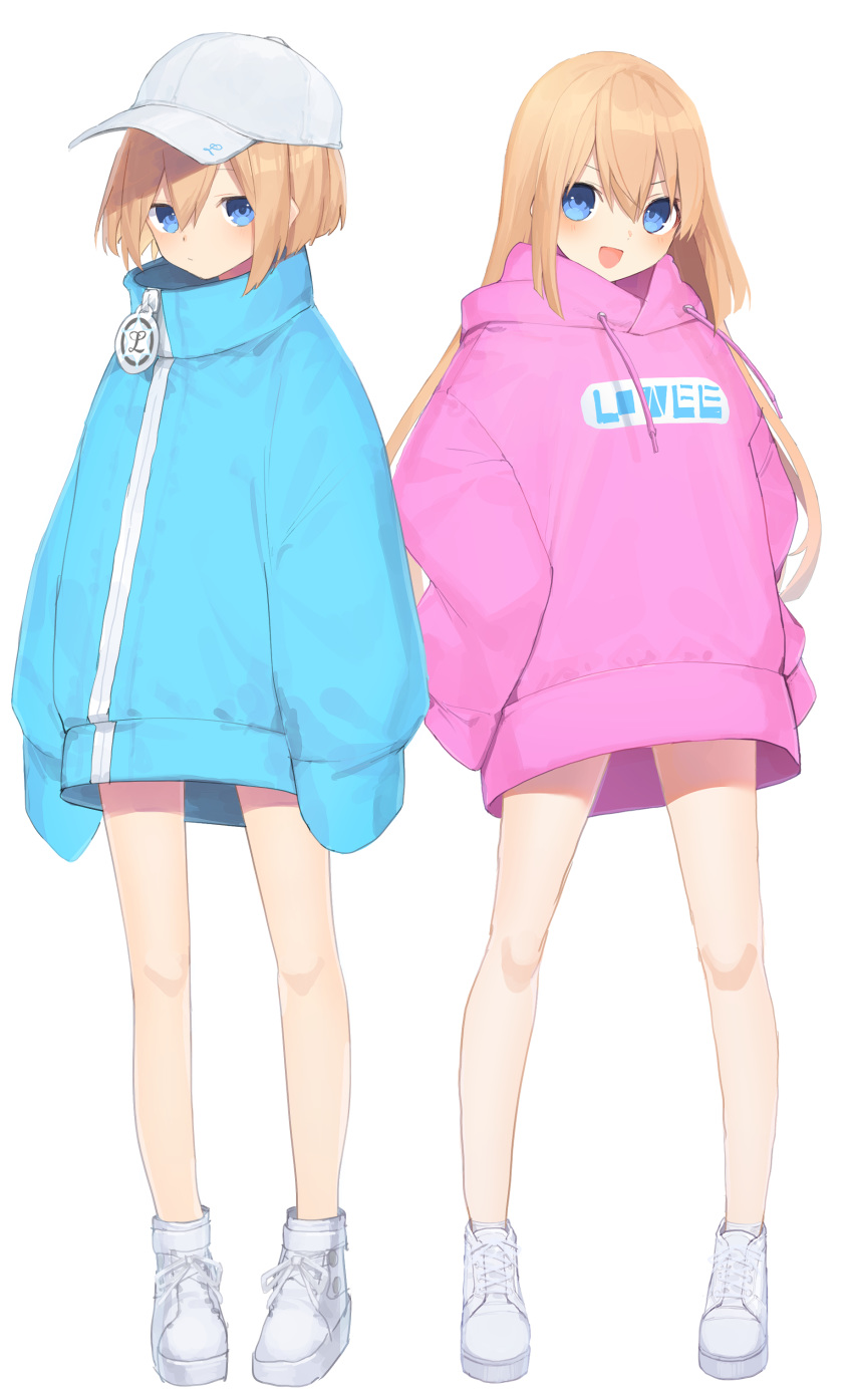 2girls :d absurdres alternate_costume bare_legs baseball_cap blue_eyes blue_jacket blush brown_hair buran_buta casual choujigen_game_neptune_mk2 expressionless full_body hair_between_eyes hands_on_hips happy hat highres jacket long_hair looking_at_viewer multiple_girls neptune_(series) open_mouth oversized_clothes pink_hoodie ram_(neptune_series) rom_(neptune_series) short_hair siblings simple_background sisters smile twins very_long_hair very_long_sleeves white_background white_footwear