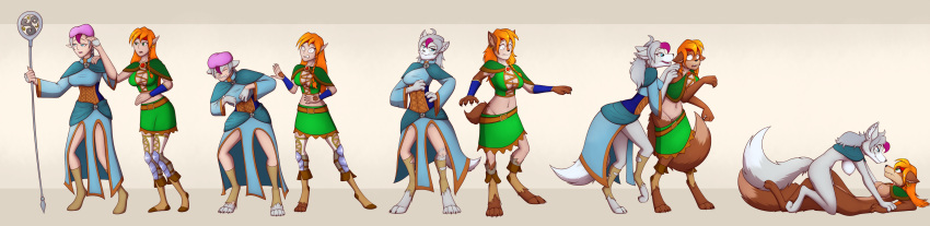 2020 absurd_res anthro blonde_hair braided_hair breasts brown_body brown_fur canid canine digitigrade duo ear_piercing ear_ring elf female female_on_top fox fur fur_growth genitals grey_body grey_fur growth hair hi_res holding_object holding_staff humanoid humanoid_pointy_ears humanoid_to_anthro long_image lying mammal navel nipples on_top open_mouth piercing pussy sequence shocked smile snout species_transformation staff standing surprise tail_growth tomek1000 transformation wide_image