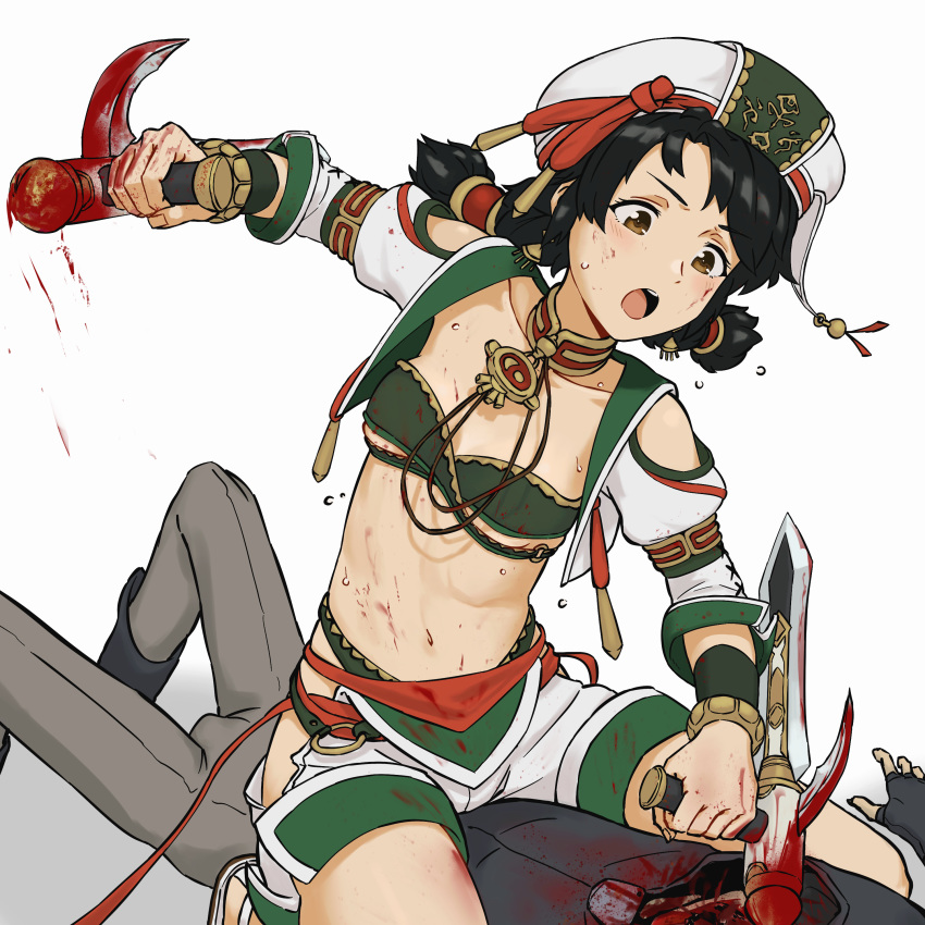 1boy 1girl absurdres bangs black_hair blood blood_on_face bloody_weapon breasts brown_eyes check_commentary commentary_request earrings feet_out_of_frame hat highres jewelry looking_at_another looking_down medium_hair navel open_mouth reverse_ryona sesetto short_twintails shorts shorts_rolled_up simple_background small_breasts soulcalibur straddling talim tied_hair tomboy tonfa twintails underboob v-shaped_eyebrows violence weapon white_background