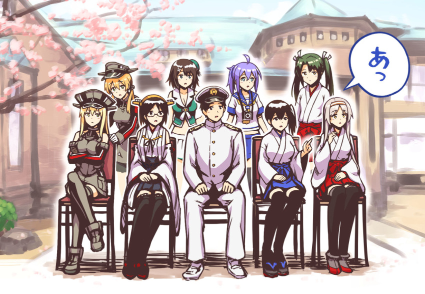 admiral_(kantai_collection) ahoge aoba_(kantai_collection) bare_shoulders bismarck_(kantai_collection) black_hair blonde_hair breasts brown_hair building chair cherry_blossoms cleavage countdown detached_sleeves glasses gloves green_eyes hair_ornament hair_ribbon hairband hat headgear imada_hidehito japanese_clothes kaga_(kantai_collection) kantai_collection kirishima_(kantai_collection) long_hair maya_(kantai_collection) military military_hat military_uniform multiple_girls nontraditional_miko open_mouth peaked_cap pointing prinz_eugen_(kantai_collection) remodel_(kantai_collection) ribbon school_uniform serafuku short_hair shoukaku_(kantai_collection) side_ponytail sitting sleeveless smile thighhighs translation_request twintails uniform x_hair_ornament zuikaku_(kantai_collection)