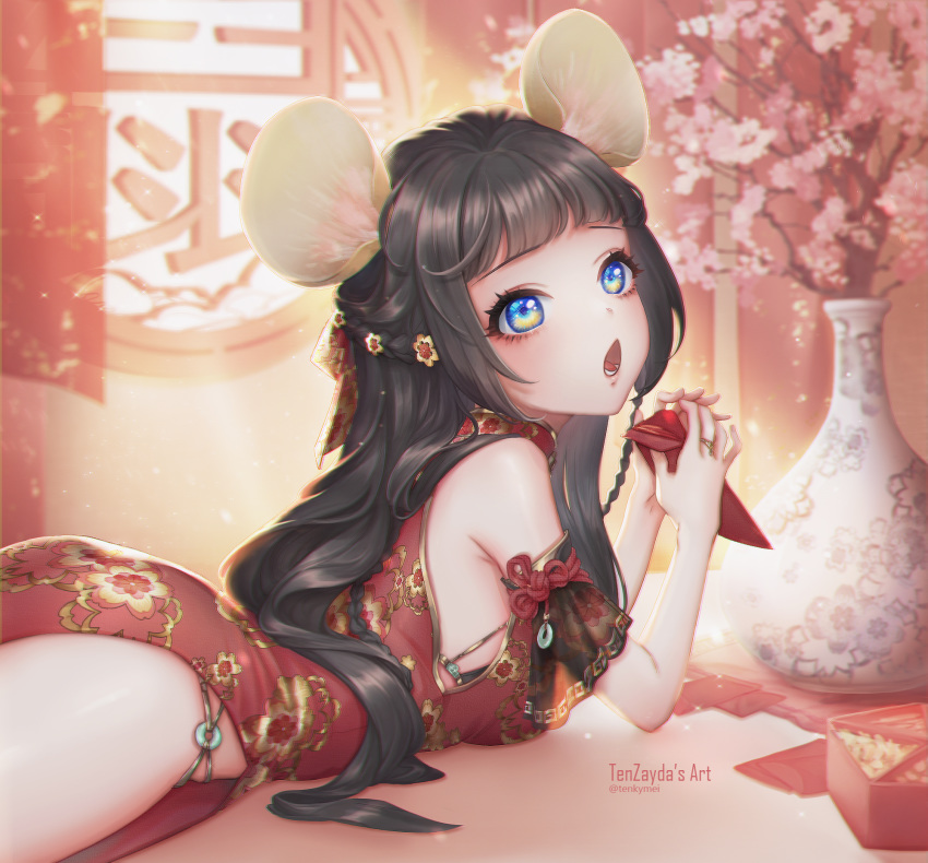 1girl 2020 angpao animal_ear_fluff animal_ears artist_name bangs bare_shoulders black_bra black_hair blue_eyes blunt_bangs box bra bra_peek braid branch breasts chestnut_mouth china_dress chinese_clothes chinese_new_year chinese_zodiac cowboy_shot curtains day detached_sleeves dress floral_print flower flower_braid food from_side hair_flower hair_ornament hair_ribbon half_updo highres holding indoors jade_(gemstone) jewelry long_hair looking_away looking_to_the_side looking_up lying mouse_ears mouse_girl multiple_braids new_year no_panties o-ring on_stomach open_mouth original pink_flower plum_blossoms print_dress red_dress red_ribbon red_theme ribbon ring round_window see-through_silhouette side_braid side_slit sidelocks snack solo sunlight sweets tenzayda underwear vase very_long_hair year_of_the_rat