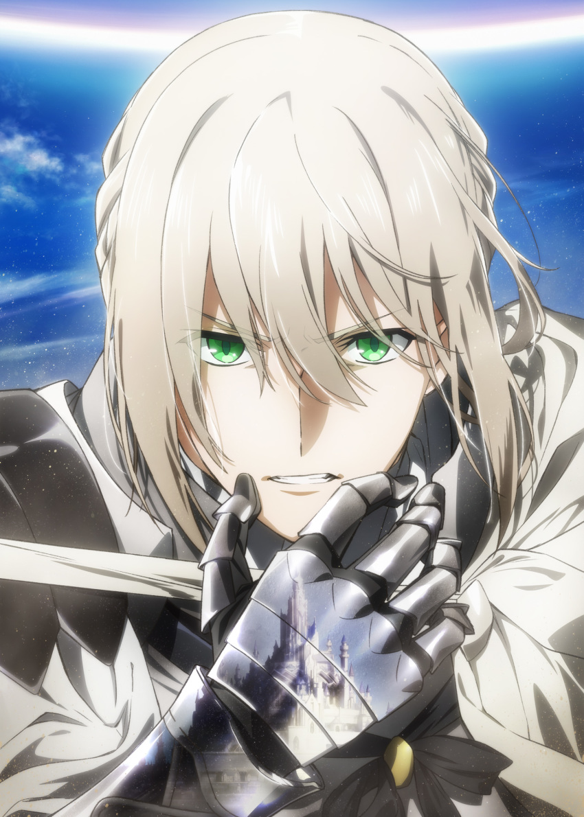 1boy armor artist_request bedivere castle commentary_request eyebrows_visible_through_hair fate/grand_order fate_(series) green_eyes grey_hair hair_between_eyes highres looking_at_viewer official_art parted_lips portrait reflection sky solo teeth