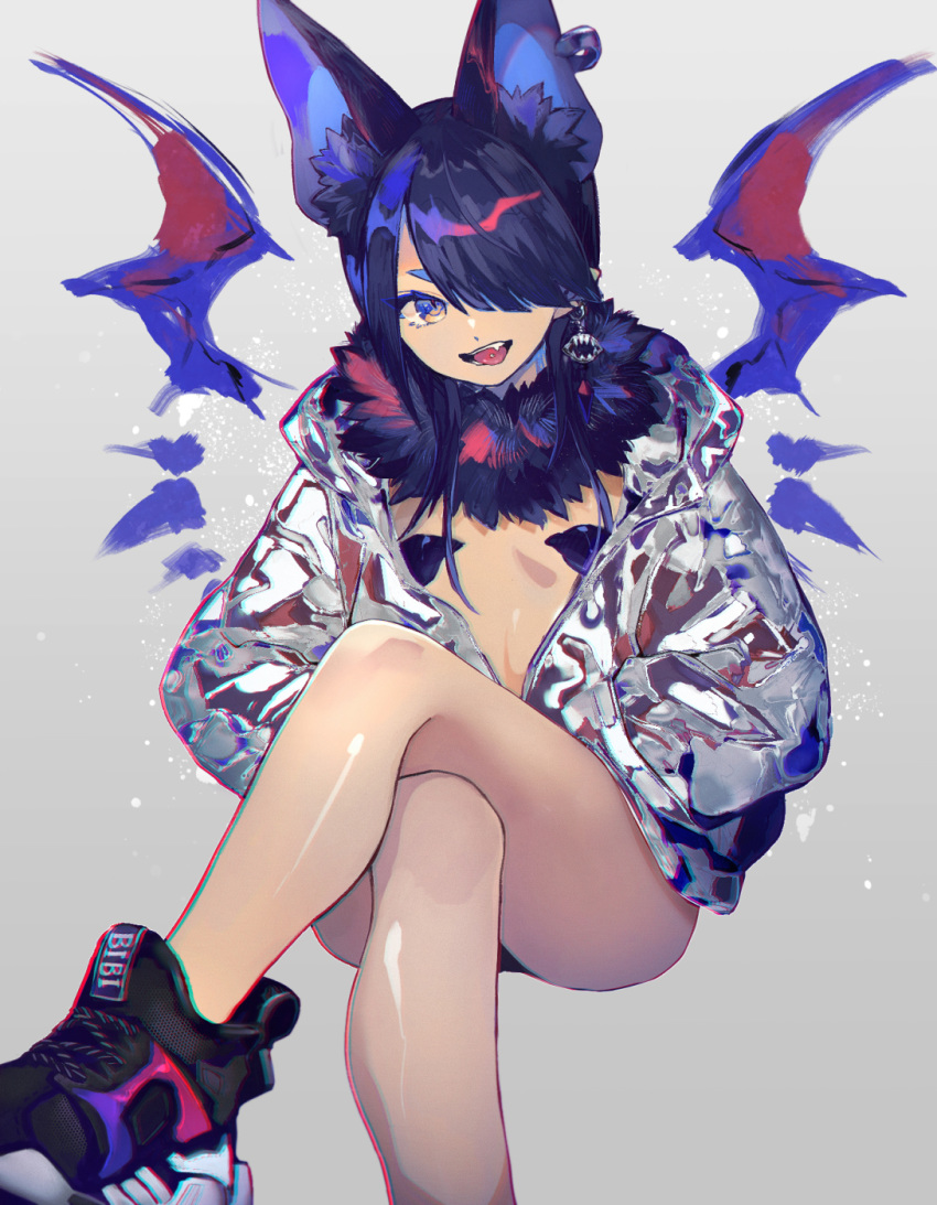 1girl animal_ears bare_legs bat_girl bat_wings blue_hair chromatic_aberration crossed_legs ear_piercing earrings fang fur_trim hair_over_one_eye hands_in_pockets high_tops highres jacket jewelry looking_at_viewer natsuiro_xx one_eye_covered open_clothes open_jacket original piercing shoes short_hair simple_background sneakers solo tongue_piercing wings