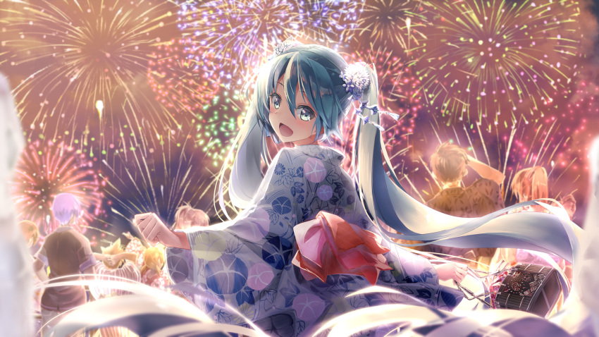 3boys 5girls aqua_eyes aqua_hair arms_behind_head backlighting basket blue_hair blue_kimono brown_hair commentary daidou_(demitasse) fireworks floral_print flower from_behind hair_flower hair_ornament hands_together hatsune_miku highres holding holding_basket japanese_clothes kagamine_len kagamine_rin kaito kimono long_hair looking_at_viewer looking_back megurine_luka meiko morning_glory multiple_boys multiple_girls night night_sky obi outstretched_arms pink_hair ponytail sash scenery short_hair sky spiked_hair standing twintails upper_body very_long_hair vocaloid yukata