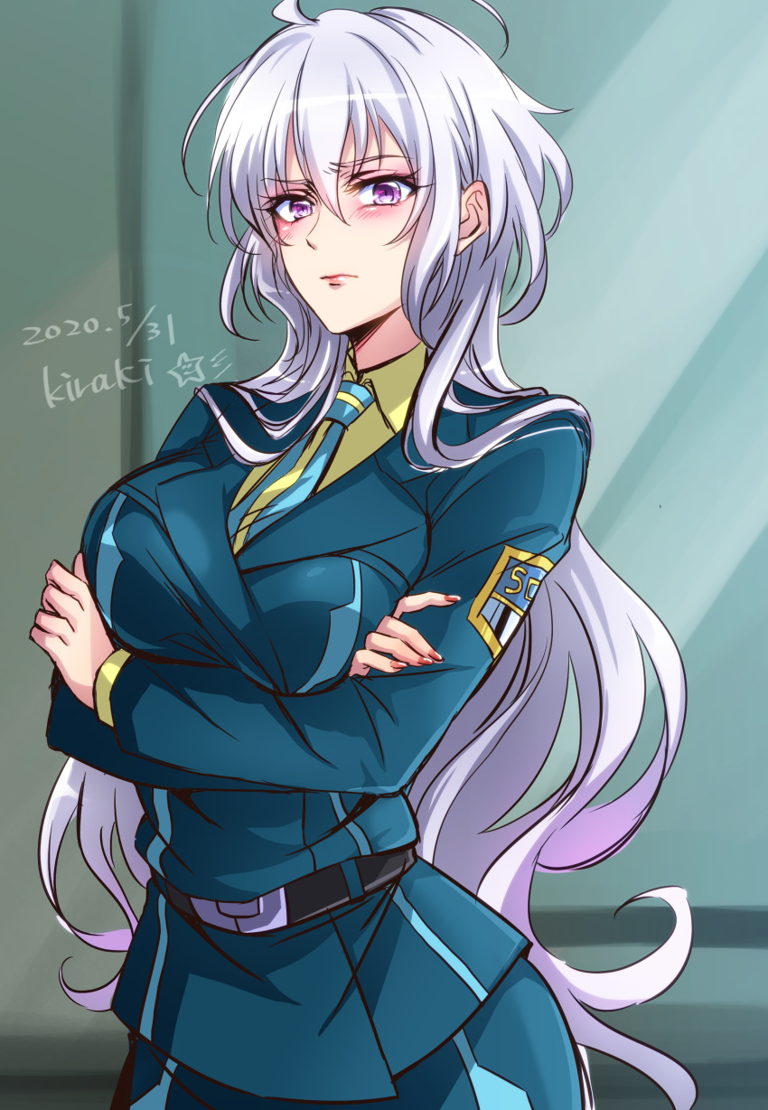 1girl absurdres breast_squeeze breasts crossed_arms dated highres kiraki large_breasts long_hair md5_mismatch necktie older purple_eyes senki_zesshou_symphogear shiny shiny_hair silver_hair solo uniform yukine_chris