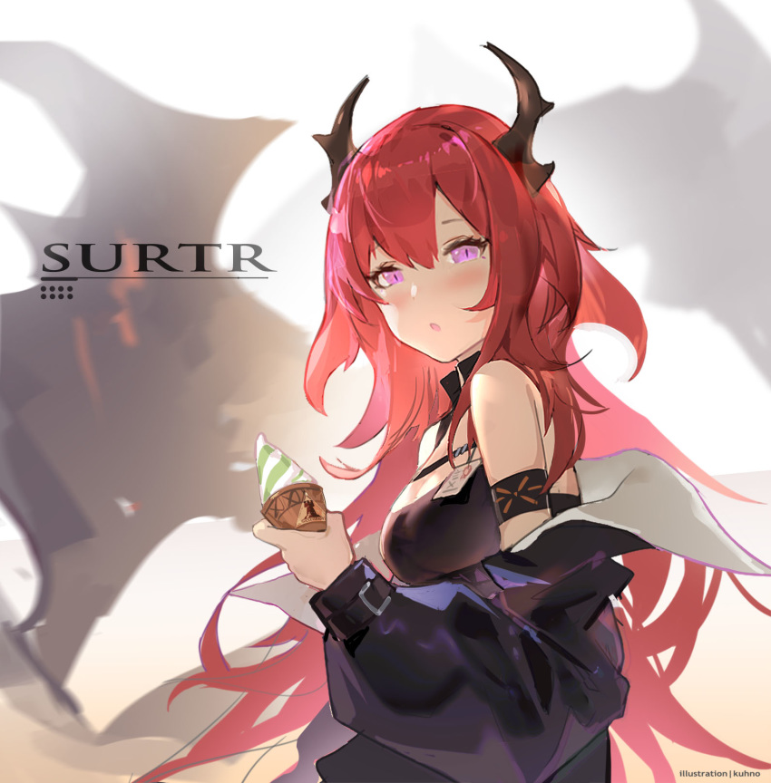 1girl :o arknights armband bangs bare_shoulders black_jacket blush breasts character_name chinese_commentary commentary_request food hair_between_eyes highres holding holding_food horns ice_cream jacket kuhnowushi long_hair long_sleeves looking_at_viewer medium_breasts off_shoulder parted_lips partial_commentary purple_eyes red_hair solo surtr_(arknights) upper_body