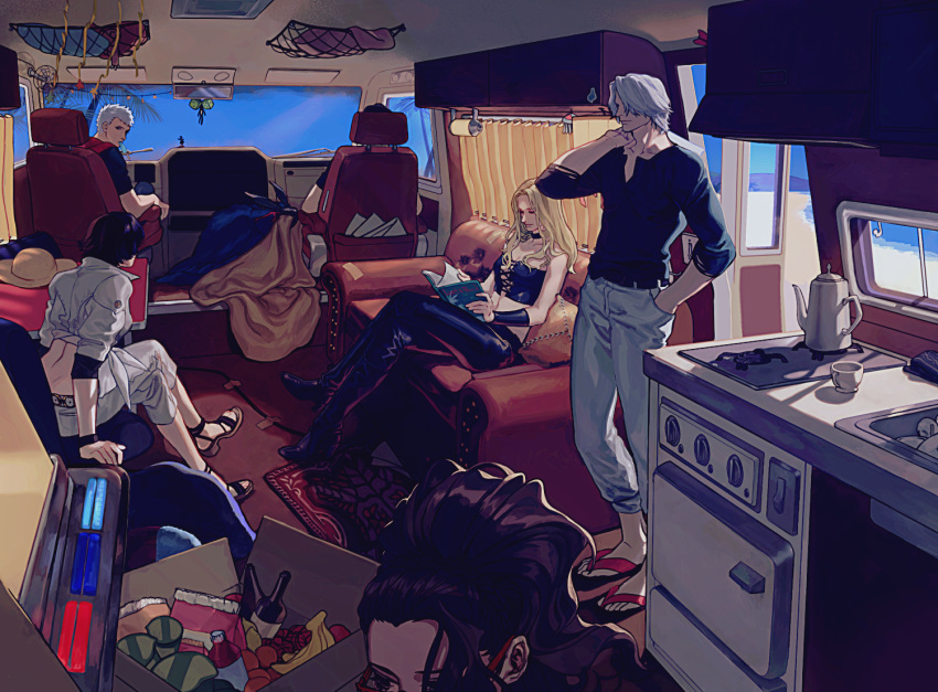 3boys 3girls arm_up bag banana belt black_belt black_pants black_shirt black_wristband blanket blonde_hair book boots bottle box brown_hair cardboard_box chair closed_mouth collarbone commentary_request corset couch crop_top crossed_legs cup dante_(devil_may_cry) devil_may_cry_5 food fruit full_body glasses hand_in_pocket high_heel_boots high_heels holding holding_bag holding_book holding_food hood hood_down jacket kettle kitchen lady_(devil_may_cry) long_hair looking_at_another looking_back mouth_hold multiple_boys multiple_girls nero_(devil_may_cry) nico_(devil_may_cry) nobou_(32306136) out_of_frame oven over_shoulder pants partially_unbuttoned popsicle pumps reading rear-view_mirror red_footwear sandals shirt short_hair short_sleeves silver_hair sink sitting snack standing stove teacup trish_(devil_may_cry) turning_page v_(devil_may_cry) white_jacket white_pants wristband