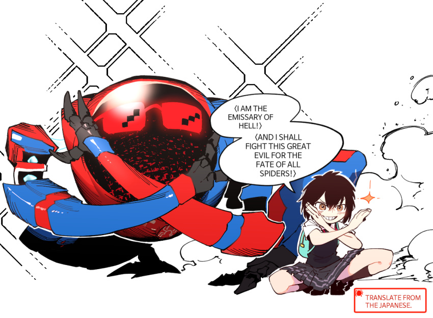 1girl backpack bag black_hair black_vest blush english_text engrish_text grey_skirt hands_up looking_at_viewer orange_eyes peni_parker pleated_skirt ranguage robot school_uniform shirt shoes short_hair short_sleeves skirt smile solo sp//dr sparkle spider-man:_into_the_spider-verse spider-man_(series) spread_legs squatting ssambatea sunglasses vest white_shirt x_arms