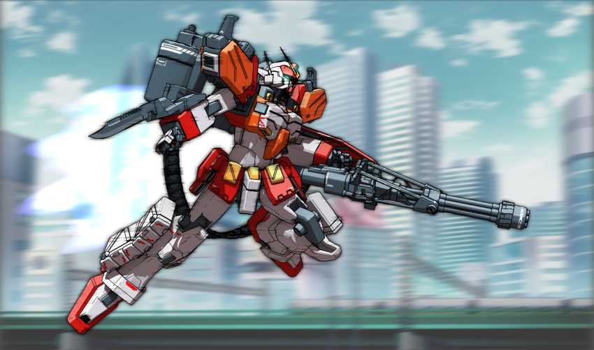 3d flying from_side gatling_gun glowing glowing_eye green_eyes gun gundam gundam_heavyarms gundam_wing highres holding holding_gun holding_weapon maya_(medium) mecha motion_lines no_humans roko_(project_1104) solo v-fin weapon