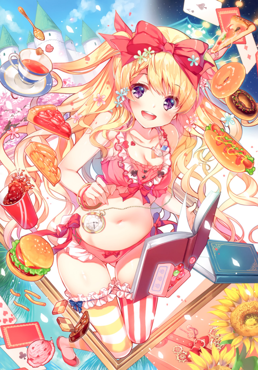 1girl :d absurdres ass_visible_through_thighs bangle bare_arms bare_shoulders bikini blonde_hair book bow bracelet breasts card castle cleavage collarbone cup doughnut flower food frilled_bikini frilled_legwear frills hair_bow hamburger highres hot_dog ice_cream jewelry long_hair looking_at_viewer medium_breasts mismatched_legwear miwabe_sakura navel open_mouth original pie pie_slice pizza playing_card pocket_watch purple_eyes red_bikini scan side-tie_bikini smile soda solo spoon stomach striped striped_legwear sunflower swimsuit teacup thighs two_side_up very_long_hair watch