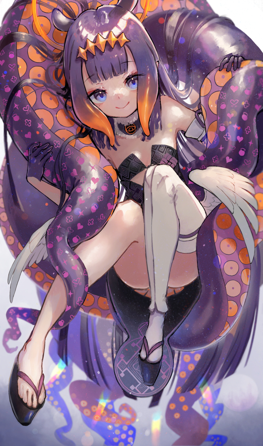 1girl absurdres bangs black_dress black_gloves blue_eyes blunt_bangs breasts dress fur_collar gloves halo highres hololive hololive_english long_hair looking_at_viewer low_wings mole mole_under_eye monster_girl ninomae_ina'nis pointy_ears purple_hair single_thighhigh small_breasts smile solo syukonbu tentacle_hair tentacles thighhighs tiara virtual_youtuber wings zouri