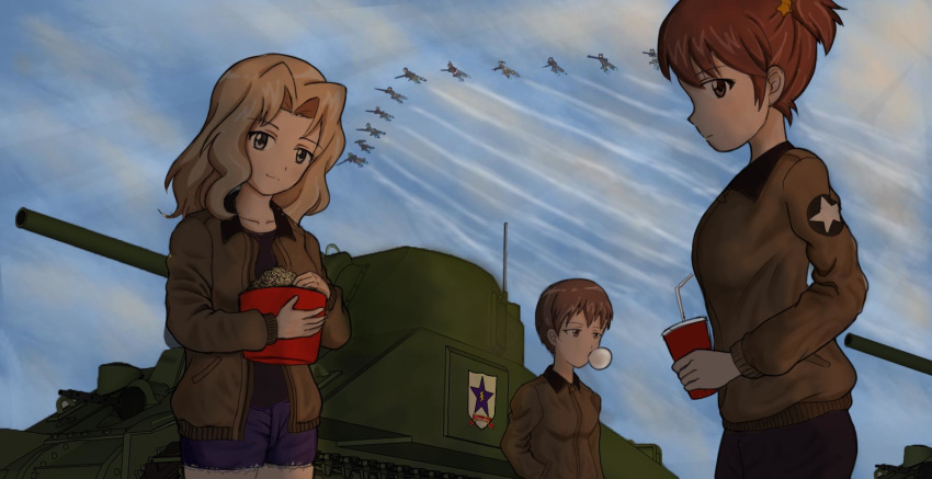 3girls aircraft alisa_(girls_und_panzer) blonde_hair blue_eyes brown_eyes brown_hair caterpillar_tracks chewing_gum cloud cloudy_sky cup emblem english_commentary evening food girls_und_panzer ground_vehicle highres kay_(girls_und_panzer) light_smile looking_at_viewer m4_sherman military military_vehicle motor_vehicle multiple_girls naomi_(girls_und_panzer) popcorn qian saunders_(emblem) saunders_military_uniform short_hair sky strike_witches tank twintails world_witches_series