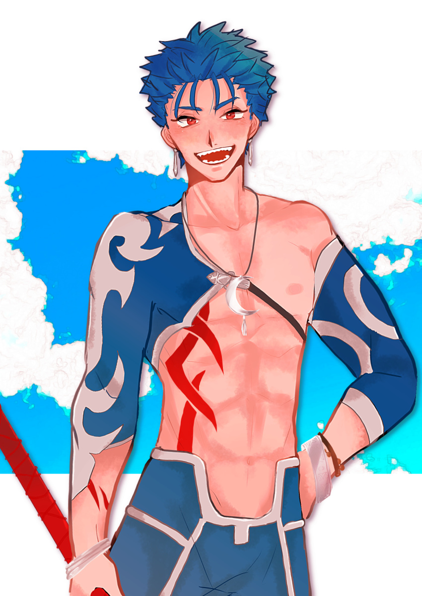 1boy abs blue_hair bodypaint cowboy_shot cu_chulainn_(fate)_(all) earrings fate/grand_order fate_(series) gae_bolg highres jewelry lancer looking_at_viewer necklace nipples open_mouth red_eyes short_hair sky solo spiked_hair strap teeth toned user_uerk4237