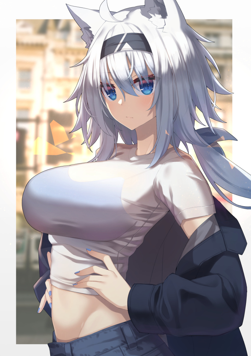 1girl ahoge animal_ear_fluff animal_ears ashisi bangs blue_eyes blue_nails blush border bra_through_clothes breasts closed_mouth hair_between_eyes hairband hands_on_hips highres large_breasts long_hair looking_at_viewer midriff nail_polish off-shoulder_jacket original pants see-through shirt solo t-shirt upper_body white_border white_hair white_shirt