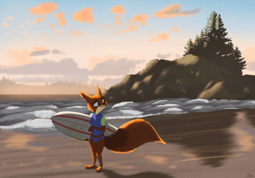 2020 6vulpes anthro barefoot brown_body brown_fur clothing cloud detailed_background female fur holding_object light lighting mammal outside qalcove_(character) rodent sciurid signature sky solo standing surfboard swimwear tree tree_squirrel vehicle watercraft