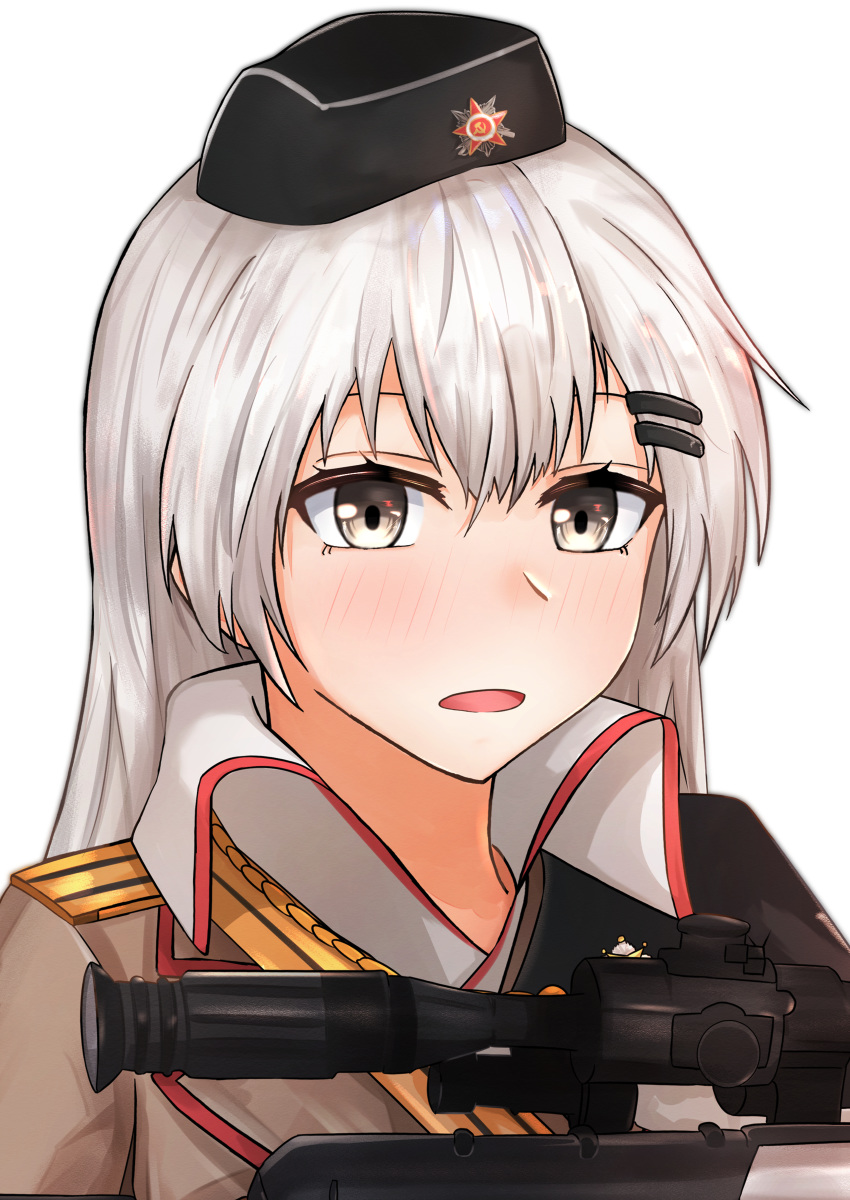 1girl absurdres barrette black_headwear blush dragunov_svd eyebrows_visible_through_hair girls_frontline grey_eyes grey_hair gun hair_between_eyes hat highres holding holding_weapon huge_filesize long_hair looking_at_viewer military_hat muteppona_hito open_mouth red_star rifle silver_hair sniper_rifle solo_focus soviet_flag svd_(girls_frontline) uniform weapon white_background