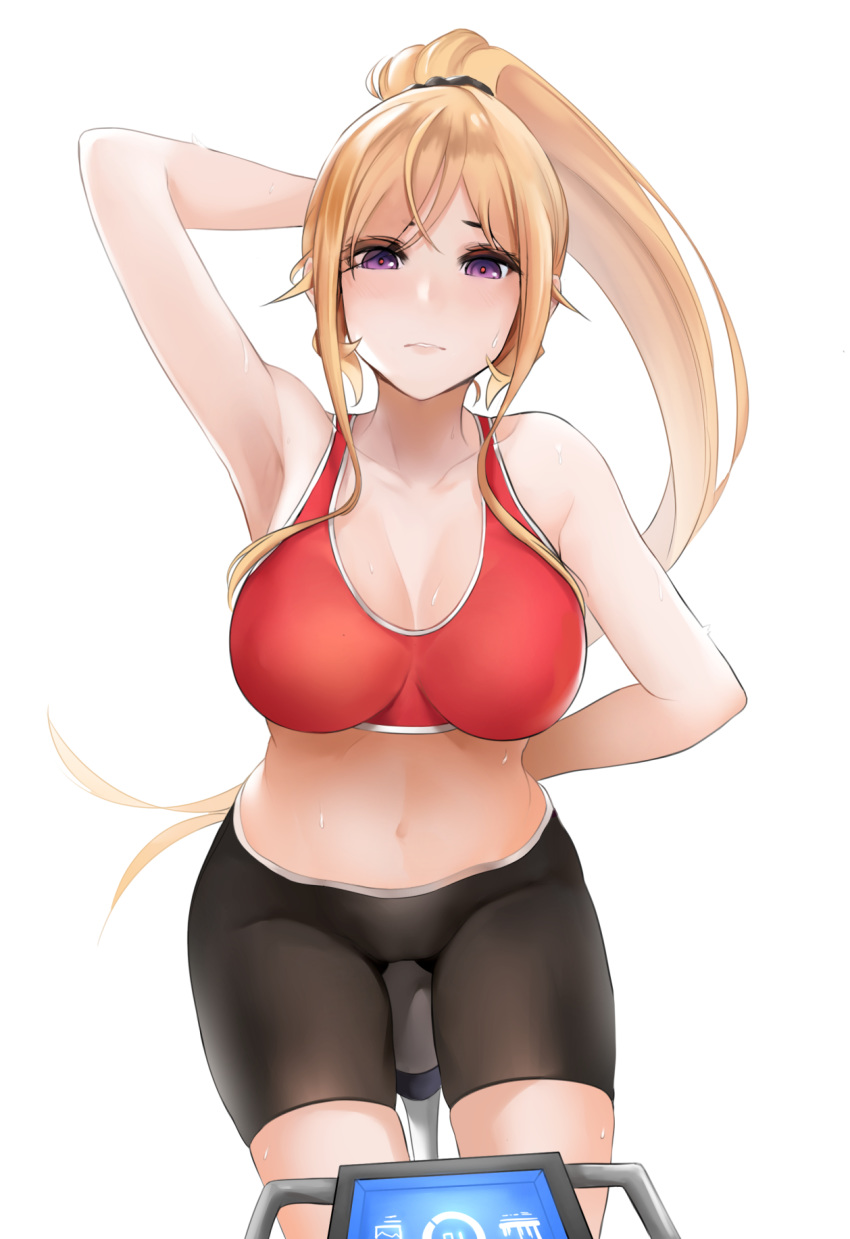 1girl arm_behind_back armpits bangs bare_shoulders bike_shorts black_shorts blonde_hair blush breasts cleavage exercise hand_behind_head highres large_breasts long_hair looking_at_viewer midriff nakiri_erina navel noir_(4chan) parted_lips ponytail purple_eyes red_pupils red_sports_bra shokugeki_no_souma shorts sidelocks simple_background sitting skindentation solo sports_bra sweat