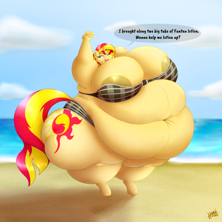09hankris 1:1 2020 absurd_res anthro areola areola_slip belly clothing cutie_mark deep_navel dialogue digital_media_(artwork) english_text equestria_girls equid equine female hasbro hi_res horn looking_at_viewer mammal morbidly_obese morbidly_obese_anthro morbidly_obese_female my_little_pony navel obese obese_anthro obese_female outside overweight overweight_anthro overweight_female seaside solo sunset_shimmer_(eg) text unicorn