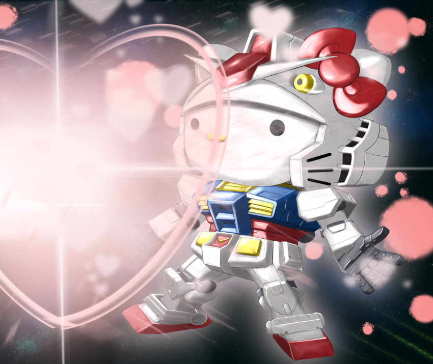 1girl 495032158 absurdres bow chibi cosplay crossover floating gundam heart hello_kitty hello_kitty_(character) highres mecha mobile_suit_gundam no_humans open_hands red_bow rx-78-2 rx-78-2_(cosplay) solo space v-fin
