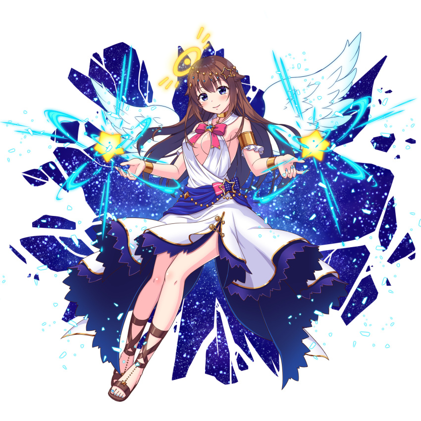 1girl angel_wings bangs bare_shoulders blue_eyes blue_nails blush breasts brown_hair cleavage collar dress eyebrows_visible_through_hair hair_between_eyes hair_flaps hair_ornament halo highres hololive looking_at_viewer medium_breasts mikannsisyou open_hand outstretched_arms sidelocks simple_background smile solo star_(symbol) tokino_sora virtual_youtuber white_background white_dress wings wrist_cuffs