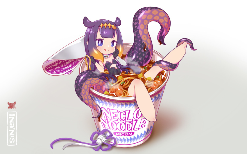 1girl :q bangs bare_legs barefoot blunt_bangs blush breasts chaki_(teasets) chibi commentary_request cup cup_noodle cup_ramen dress food gloves highres hololive hololive_english in_container in_cup in_food instant_ramen long_hair looking_at_viewer minigirl monster_girl ninomae_ina'nis noodles purple_eyes purple_hair simple_background small_breasts smile solo steam tentacle_hair tentacles tongue tongue_out virtual_youtuber