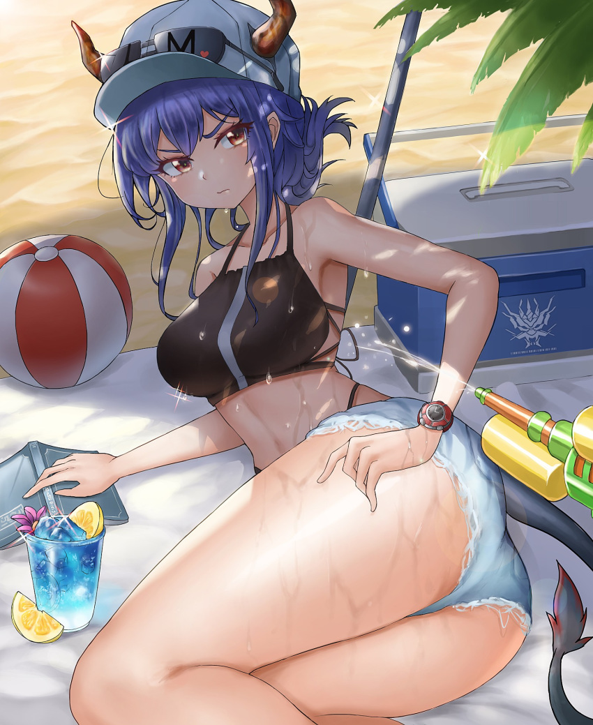 1girl arknights ass ball bangs bare_arms bare_shoulders baseball_cap beachball blue_hair book breasts brown_eyes ch'en_(arknights) commentary cooler cup dragon_horns dragon_tail drinking_glass feet_out_of_frame food fruit great_lungmen_logo hat highres horns horns_through_headwear large_breasts lemon lemon_slice long_hair looking_at_viewer shadow sidelocks solo stomach sunglasses tail thighs v-shaped_eyebrows watch water_gun woodpecker_(alsdndlekd) wristwatch