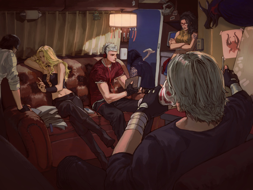 3boys 3girls arm_tattoo arm_up arm_wrap black_gloves black_pants black_shirt blonde_hair book boots cable cane cassette_player ceiling_light closed_eyes commentary corset couch crop_top crossed_arms crossed_legs cup dante_(devil_may_cry) devil_may_cry_5 drawing eating facing_away fingerless_gloves from_behind full_body gloves headphones high_heel_boots high_heels holding holding_book holding_cup holding_spoon jacket lady_(devil_may_cry) long_hair multiple_boys multiple_girls nero_(devil_may_cry) nico_(devil_may_cry) night nobou_(32306136) pants paper_stack parfait red_shirt shirt short_hair short_sleeves silver_hair sitting sleeveless_coat sleeves_folded_up spoon standing tattoo trish_(devil_may_cry) v_(devil_may_cry) white_jacket yellow_shirt