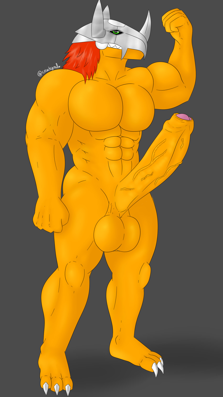 absurd_res anthro balls cracky45 digimon digimon_(species) digital_media_(artwork) erection genitals hi_res humanoid_genitalia humanoid_penis looking_at_viewer male muscular muscular_anthro nude penis simple_background smile solo video_games wargreymon