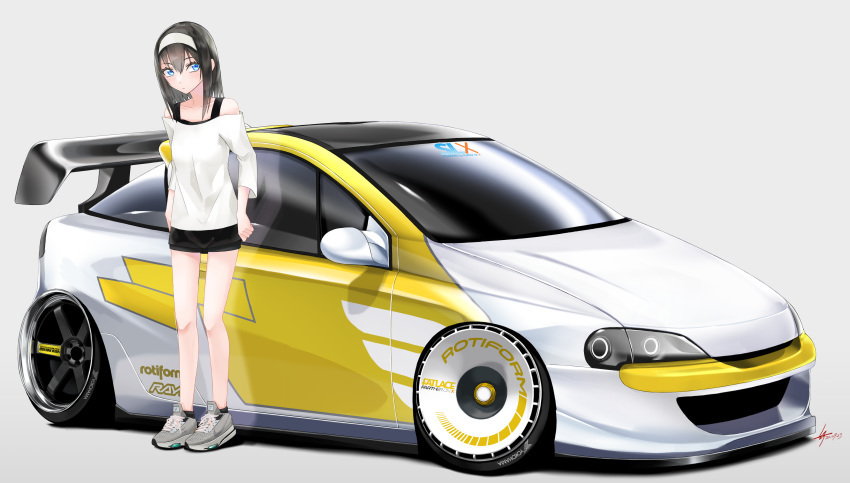 1girl absurdres black_hair blue_eyes car ground_vehicle hairband highres looking_to_the_side medium_hair motor_vehicle opel opel_tigra original shoes silenxe sneakers solo spoiler_(automobile) standing vehicle_focus white_hairband