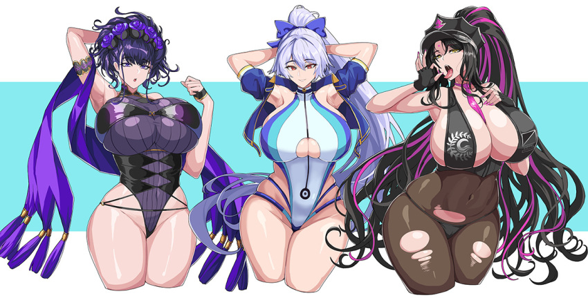 3girls armlet bangs bare_shoulders bikini black_bikini black_gloves black_hair black_headwear black_legwear black_swimsuit blue_bow blue_jacket blue_swimsuit blush bow breasts cleavage covered_navel drogod facial_mark fate/grand_order fate_(series) fellatio_gesture fingerless_gloves flower forehead_mark gloves gold_trim hair_between_eyes hair_bow hair_flower hair_ornament hair_up half_gloves halter_top halterneck hat highleg highleg_swimsuit huge_breasts jacket large_breasts long_hair looking_at_viewer multicolored_hair multiple_girls murasaki_shikibu_(fate) murasaki_shikibu_(swimsuit_rider)_(fate) necktie one-piece_swimsuit open_mouth pantyhose parted_bangs pink_hair pink_neckwear police_hat ponytail purple_eyes purple_hair red_eyes sesshouin_kiara sesshouin_kiara_(swimsuit_mooncancer)_(fate) short_sleeves silver_hair streaked_hair swimsuit thighs tied_hair tomoe_gozen_(fate/grand_order) tomoe_gozen_(swimsuit_saber)_(fate) tongue tongue_out two-tone_swimsuit very_long_hair white_swimsuit yellow_eyes