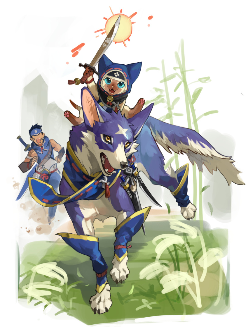 1boy absurdres animal_hood canyne cat_hood dagger fangs felyne headband highres hood looking_at_viewer monster_hunter monster_hunter_rise open_mouth paws riding running scar scarf sword tapioka_chaso weapon