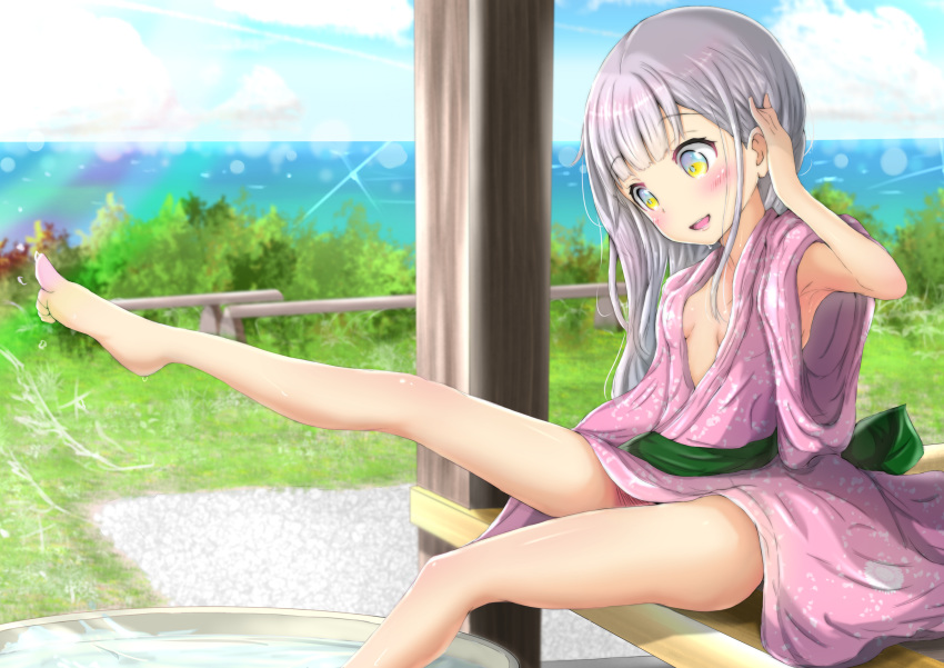 1girl absurdres albino armpits blush grey_hair highres japanese_clothes kimono long_hair multicolored multicolored_eyes ninyo_(user_pddg5877) nipple_slip nipples ocean original silver_hair sky solo summer thighs white_hair yukata