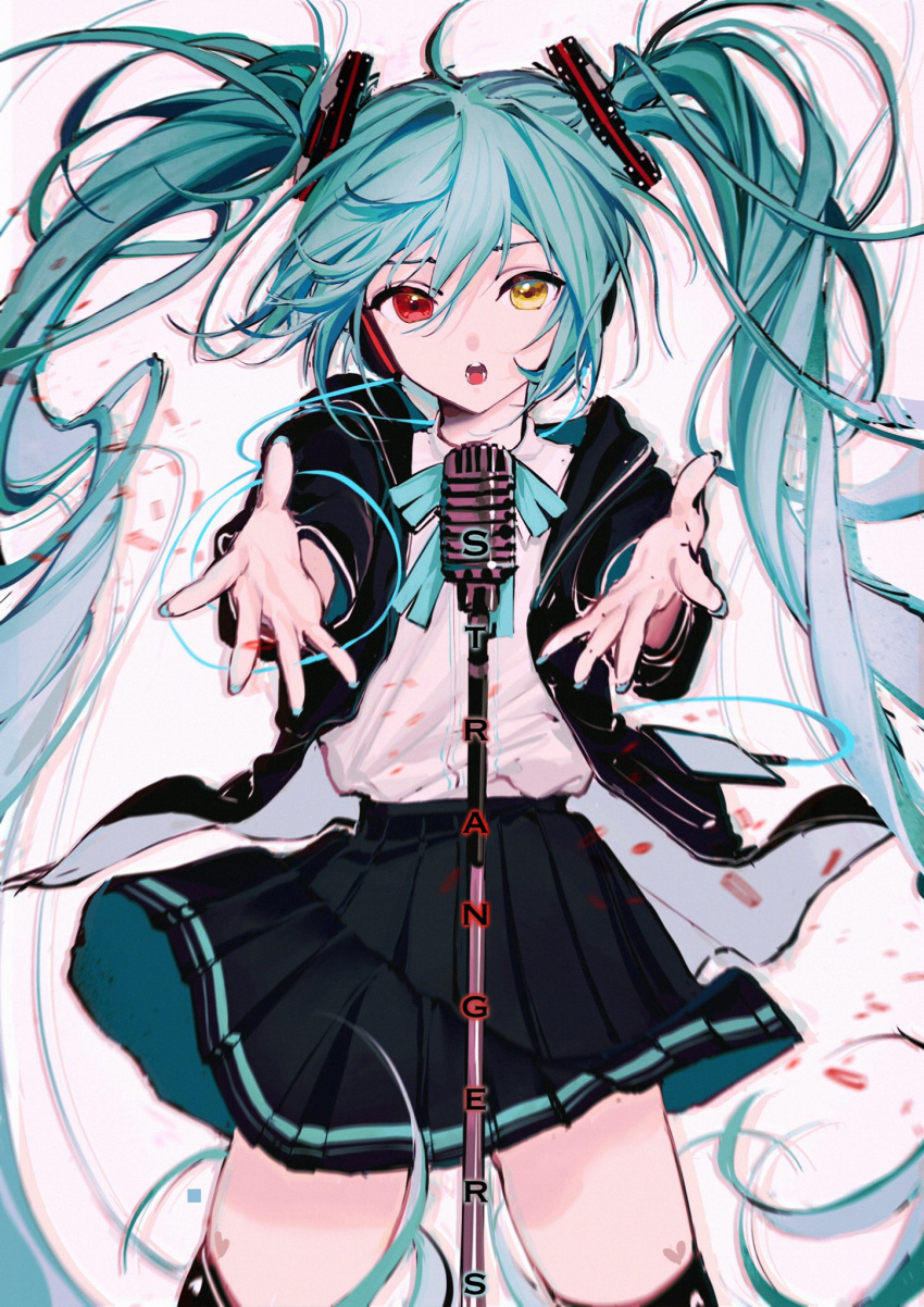 1girl aqua_hair aqua_nails aqua_neckwear black_jacket black_legwear black_skirt commentary cowboy_shot foreshortening hair_ornament hatsune_miku headphones heart heterochromia highres hood hooded_jacket jacket long_hair looking_at_viewer microphone microphone_stand miniskirt music nail_polish neck_ribbon open_mouth outstretched_arms pleated_skirt project_diva_(series) red_eyes ribbon rumoon_cocoa shirt silent_voice_(module) singing skirt solo song_name standing thighhighs twintails very_long_hair vocaloid white_background white_shirt yellow_eyes