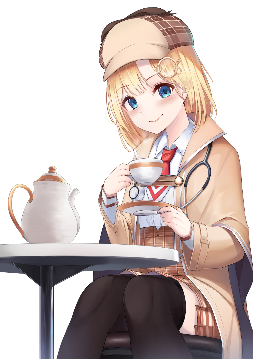 1girl absurdres bangs black_legwear blonde_hair blue_eyes blush breasts brown_capelet brown_headwear brown_skirt closed_mouth collared_shirt cup feet_out_of_frame hair_ornament hat highres holding holding_cup hololive hololive_english jacket layered_sleeves long_sleeves looking_at_viewer monocle_hair_ornament necktie plaid plaid_skirt pleated_skirt red_neckwear saucer shirt simple_background sitting skirt smile solo stethoscope table teacup teapot thighhighs virtual_youtuber watson_amelia white_background white_shirt yatsucchie