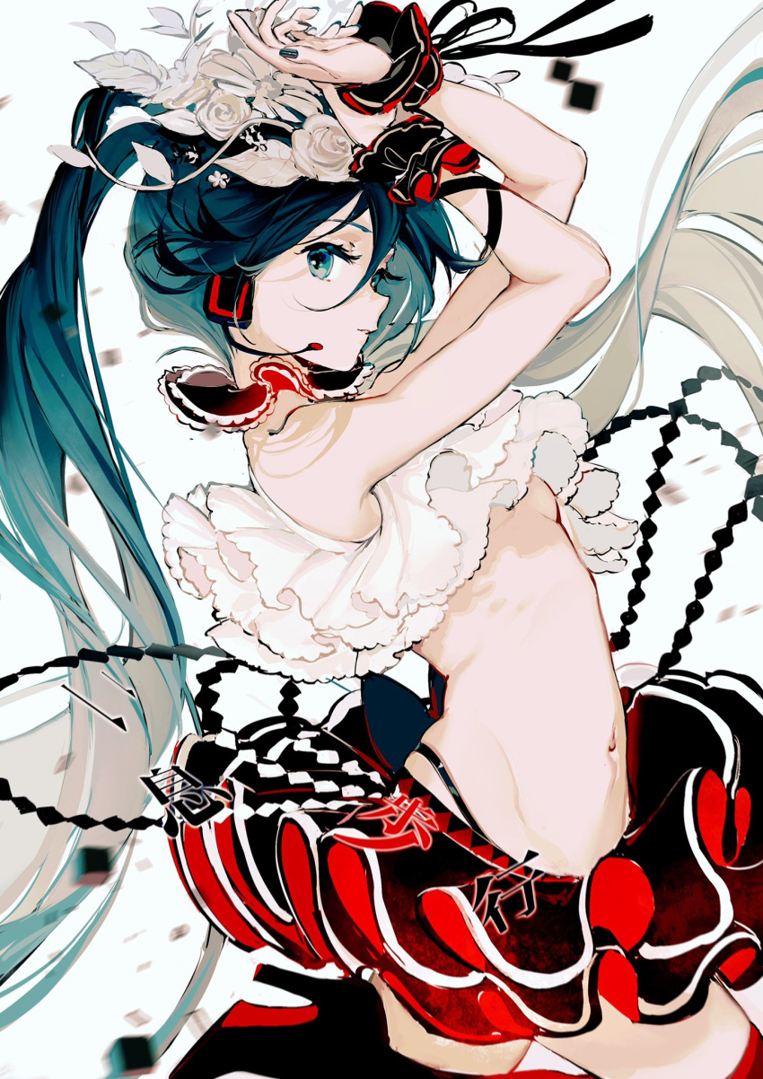 1girl aqua_eyes aqua_hair aqua_nails bare_shoulders black_skirt bless_you_(module) blurry blurry_background boots breasts commentary cowboy_shot crop_top cube flower frilled_shirt frills from_side hair_flower hair_ornament hands_up hatsune_miku headphones headset high_heel_boots high_heels highres hip_bones leg_up light_smile long_hair looking_at_viewer midriff miniskirt nail_polish navel nisoku_hokou_(vocaloid) parted_lips project_diva_(series) rose rumoon_cocoa scrunchie shirt skirt small_breasts solo song_name twintails underboob very_long_hair vocaloid white_background white_flower white_rose white_shirt wrist_scrunchie