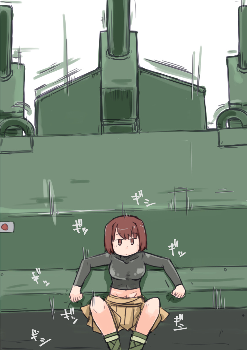 1girl breasts brown_eyes brown_hair commentary_request enjaku_izuku expressionless ground_vehicle highres hyuuga_(kantai_collection) japanese_flag kantai_collection military military_vehicle motor_vehicle o-i_superheavy_tank_series shirt short_hair skirt solo squatting tank white_background